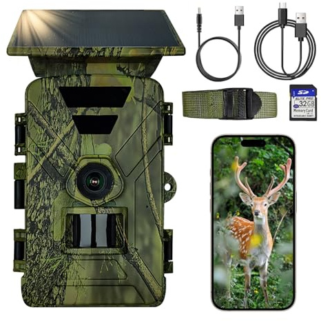PopuLike 5200mAh Garden Wildlife Trail Camera 8K 60MP with 32GB SD Card | WiFi Bluetooth Solar Infrared Night Vision, IP66 Waterproof 120° Motion Activated, 5200mAh Rechargeable Battery, 0.2s Trigger