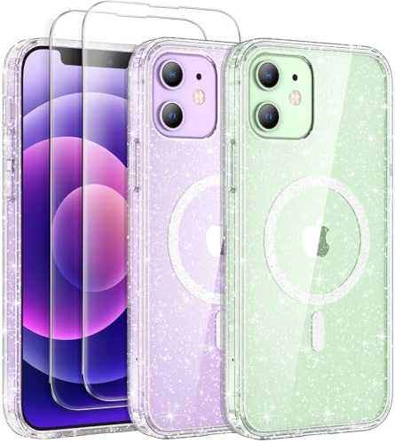 AROYI for iPhone 12 Case, Glitter Transparent Phone Case with 2 Tempered Glass Screen Protector, Compatible with Mag Safe, Shockproof Acrylic Magnetic Sparkle Bling for Women and Girls, Clear