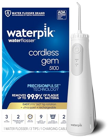 Waterpik Cordless Gem Water Flosser 5100 for Travel and Home, Rechargeable, Portable, Waterproof for Shower, Daily Gum Care, Cleaning Teeth, Braces, Implants, 3 Flossing Tips, ADA Accepted White WF-27