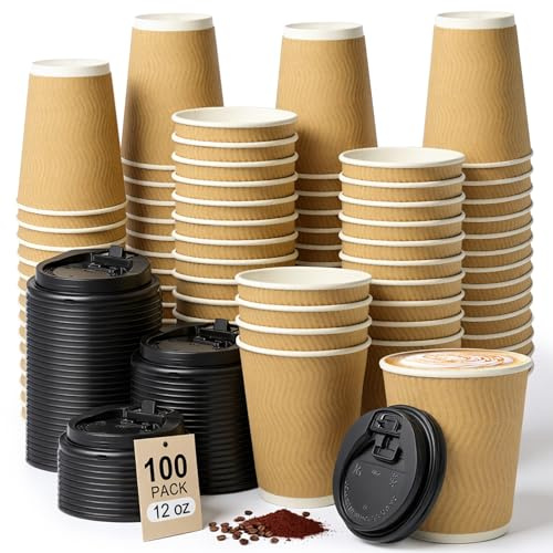 ALEXPRE 100Pack 12oz Brown Ripple Disposable Coffee Cups with Lids | Insulated Coffee Cup, Triple Wall Takeaway Paper Cups for Hot&Cold Drinks, Office, Home, Cafe, Party, Travel