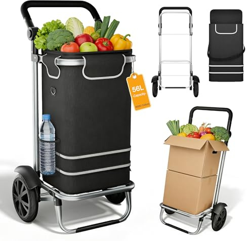 LARS360 Einkaufstrolley Faltbar mit Kühlfach 56L Einkaufswagen aus Aluminium 3 in 1 Trolley & Sackkarre & Umhängetasche 30kg Belastbar 2 Räder Treppensteiger für Einkauf Reisen Haushalt - Schwarz