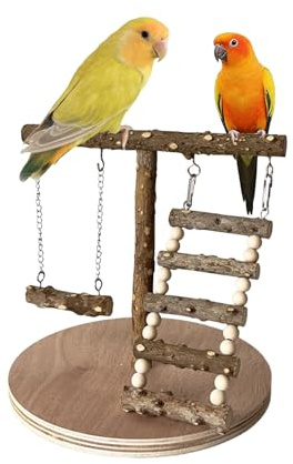 Bird Playground Wooden, Natural Parrot Stand Wood Removable Budgie Playground Non Slip Bird Play Stand Training Perch for Parrots with Ladder Swing for Small to Medium Birds