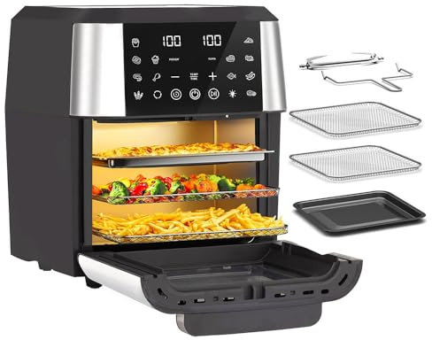 Heißluftfritteuse 12L, 4 in 1 Grill/Dörrautomat/Backofen/Air Fryer mit Touchscreen, 12 Programmen, Fritteuse ohne Öl, 1800W Airfryer, Schwarz