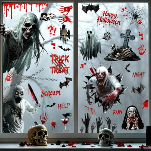 Tanlaby 9 Vetrofanie Halloween Teschio Lapide | Trick or Treat Riutilizzabili Adesivi Finestre Decorazioni Casa Vetri Porte Specchi Vetrine