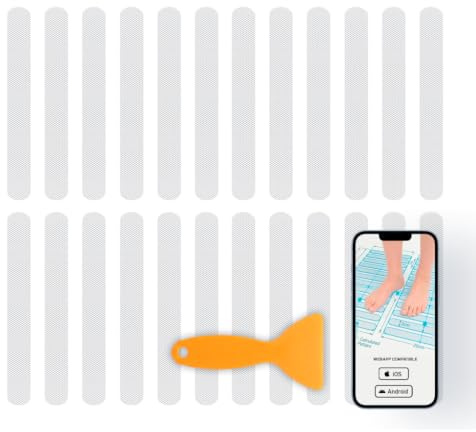 24 Pegatinas antideslizantes bañera, Transparentes, 20 x 2 cm, Adhesivo Extra Fuerte, Seguridad antideslizante ducha, Bañera, Escaleras y antideslizante piscina, con App de Instalación Guiada
