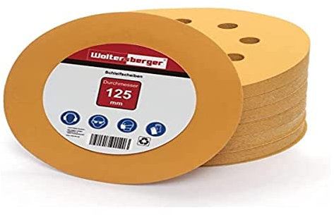 Woltersberger® 50 pièces Disques Abrasifs Or │ 8 trous │ Ø 125 mm │ grain 60 │ pour ponceuses orbitales aléatoires │ feuilles abrasives │ papier de verre