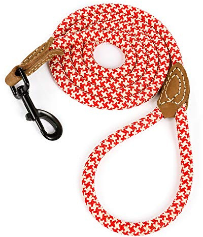 Mile High Life Rope Leash with Genuine Leather Connection, 6 FT/5 FT/4 FT, Heavy Duty Leash for Medium & Large Dogs(Red Khaki,72 Inch-1/2)