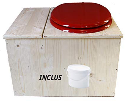 Toilette sèche en bois avec bac à copeaux intégré, seau 18L plastique - La bac rouge framboise - Fabrication Française - N4
