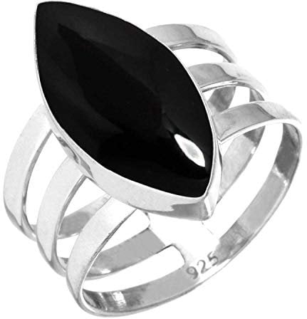 Jeweloporium Schwarzer Onyx Silberring Größe 56 (17,8), 925 Sterling Silber Ring für Damen, Echter Marquise Edelstein Boho Schmuck