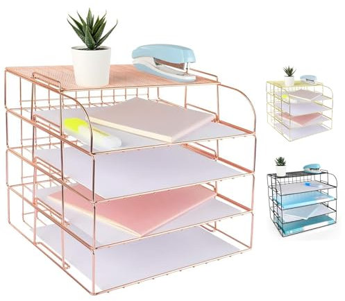 Spacrea Letter Tray, 4 Tier Rose Gold Desk Organizers and Accessories for Women, Stackable Paper Tray Organizer Desk File Organizer with 1 Upper Display Shelf (Rose Gold)