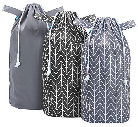 Teamoy Baby Windelbeutel Wiederverwendbar, 3 Stück Waschbar Wetbag für Windeleimer, Windeltasche mit Kordelzug, Tragbare Baby Windel Müllsack, Grau + Schwarz/Grau mit Pfeilmuster