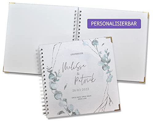 FEENSTAUB Gästebuch Hochzeit, Hochzeitsgästebuch personalisiert [Handmade] Ringbuch made in Austria, Hochzeit Gästebuch blanko, Fotoalbum Eukalyptus, personalisiertes Hochzeitsbuch, Geschenk Hochzeit