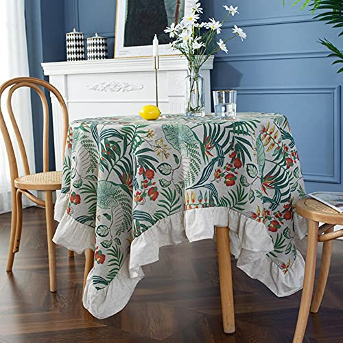 Lsimeru Vintage Tischdecke Abwaschbar Rund 150cm mit Rüsche Pflanzen Blumen Muster Shabby Chic Landhausstil Tischtuch Tischwäsche Tafeldecke Tischdeko Esstisch