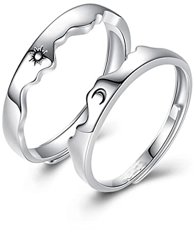 Couple Matching Rings for Woman Man Angel Devil Wings Dragon Arrow Open Rings Adjustable Sun Moon Promise Rings Set Friendship Rings Black White Couple Rings for Her and Him (Silver Sun Moon)