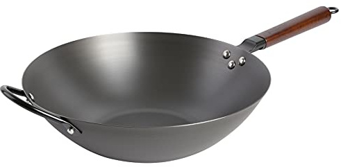 Babish Carbon Steel Wok 14 Inch Flat Bottom Stir Fry Pan Durable Heavy Duty Cookware for High Heat Cooking Stir Fry Sautéing Frying Compatible with Gas Electric and Induction Stovetops