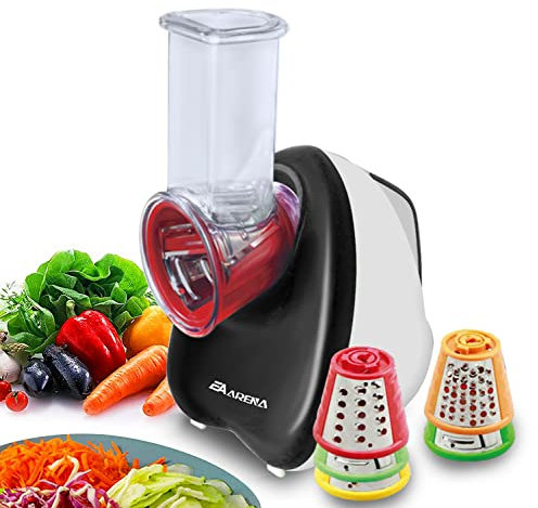 Electric Cheese Grater,150W Salad Maker Electric, Multi Grater, Fruit Cutter, Vegetable Slicer, Shredder Food Processor with 5 Cone Blades Set for and Vegtables,Stainless Steel (Black), 17x17x28 cm
