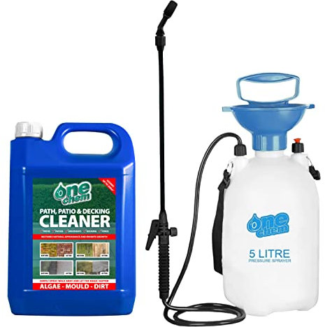 One Chem - 5L + 5L One Chem Sprayer - Heavy Duty Patio Cleaner - Path Cleaner Concentrate - Mould Remover, Lichen Remover, Algae Remover - Pressure Washer Detergent - Lichen Control