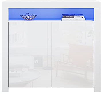 Panana Sideboard Cabinet with Doors Shelves High Gloss Fronts Storage Cupboard with RGB LED Lights Lighting Living Room Dining Room Furniture (White)