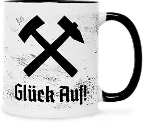 Bedruckte Tasse mit Spruch - Glück Auf! - Geschenke für Zeche Bergwerk Arbeiter - Geschenk für Mama Papa Freunde Geburtstag Vatertag Weihnachten - für Männer & Frauen - Farbe: Schwarz & Weiß