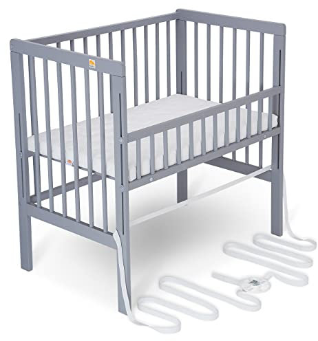 FabiMax Baby Beistellbett für Boxspringbett, TÜV geprüft 2022, Buche massiv grau, inkl. Matratze Air