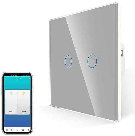 JIMEIDA Interruttore della luce Smart Touch grigio, nessun conduttore neutro richiesto, interruttore Alexa, funziona con Google Home, piastra in vetro senza viti, 2 marce