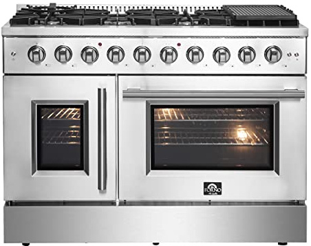 Forno Galiano All Gas 48 Inch. French Door Freestanding Range 8 Sealed Burners Cooktop - 6.58 Cu.Ft. Convection Double Gas Oven - Stainless Steel Stove Range Heavy Duty Cast Iron Grates