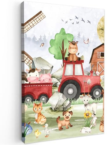 MuchoWow© Leinwand Groß XXL Deko Schlafzimmer Aesthetic Leinwandbilder | 80x120 cm - Wohnzimmer Gemälde Foto Geschenk Living Room Decoration Jugendzimmer - Bauernhof - Traktor - Kinder - Tiere