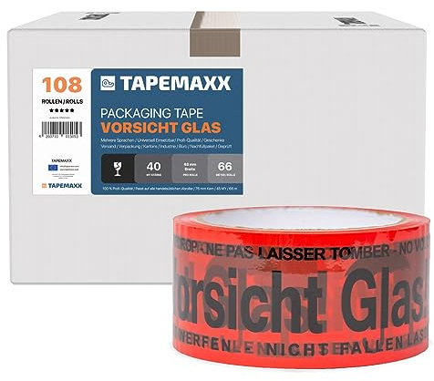 FYBR TAPEMAXX Vorsicht Glas 108 Rollen rotes Klebeband Achtung Bruchgefahr Caution Glass Fragile Paketband Zerbrechlich Warnung Packband Schwarz Piktogramm Paket (108 Rollen)