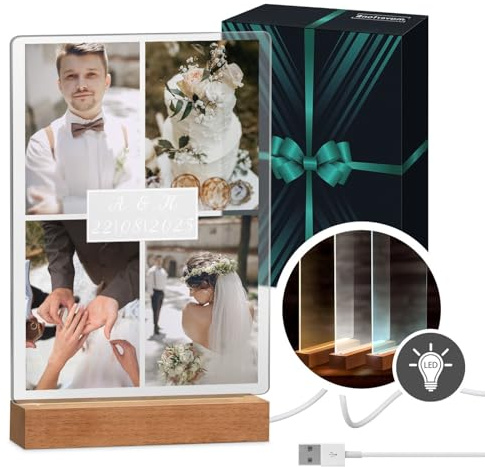 Maverton beleuchteter LED-Fotoaufsteller, Glasbild mit LED-Beleuchtung | Personalisiertes LED-Acrylglas mit eigenem Foto für Paare, Glasbild zur Hochzeit zum Valentinstag, Größe: 21x32x4,5cm