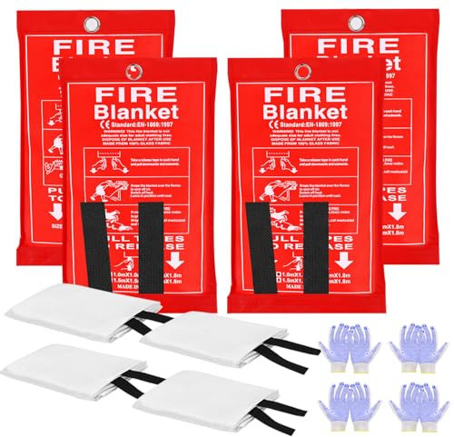 Notfall-Feuerdecke für Zuhause und Küche, 100 x 100 cm, Fiberglas-Feuerdecken, Notfall für Menschen, schwer entflammbar, feuerfest, Überlebens-Sicherheit, Küche, Kamin, Auto, Büro, Lager, 4 Stück