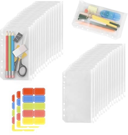 KATLINNA A6 Binder Taschen, 30 Stück Transparent PVC 6-Loch Bindertaschen mit Etikettenaufkleber, Wasserdicht Reißverschluss Ordner Geld Budget Umschläge für Notizbücher Einlegeseiten Loseblattbeutel