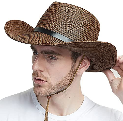 TCNGKIJIUK Homme Chapeau de Paille Chapeau de Soleil à Large Bord Chapeaux de Cowboy Western Pliable Chapeaux Bob de Plage Protection UV Panama de Seau Respirant pour Voyage Plage Camping Pêche