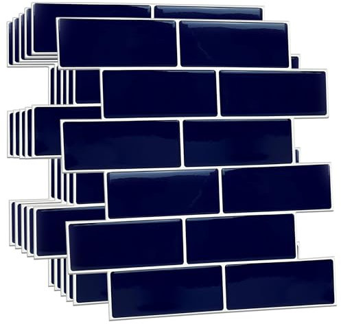 WALPLUS 3D Tile Stickers Peel and Stick Backsplash Splashback Decals Tile Transfer for Kitchen Bathroom Living Room Stick on Tile Waterproof - Deep Blue Glossy 12 Sheets 30.5 x 30.5cm(12)