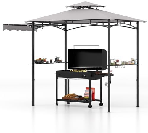 GOPLUS Grillpavillon, Grill Pavillon mit Seitenmarkise, Doppeldach, 2 Ablagen, 6 Haken & Flaschenöffner, Grillunterstand wetterfest, BBQ Pavillon für Outdoor Garten Hof, 326x153x250 cm (Grau)