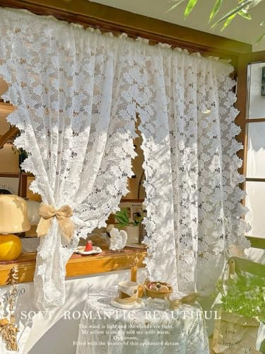 Daliena Vorhang Spitze Kurz Dekoschal Gardine Spitze Scheibengardine Bistrogardine Blumen Vintage, Fenstergardinen Romantisch für Küche Cafés Wohnzimmer Weiß (BxH 120x90cm) 1 stück