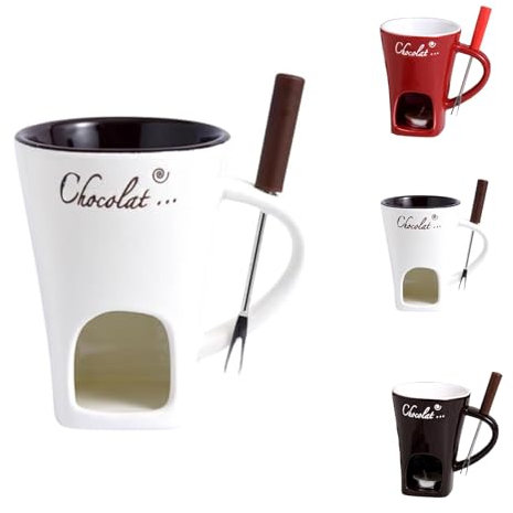 QingxingFa Juego De 2 Tazas Para Fondue De Chocolate Con Tenedores, Taza Personal De Cerámica Para Derretir Chocolate Y Queso, Taza Para Derretir Chocolate, Taza Para Fondue De Chocolate (Blanco)