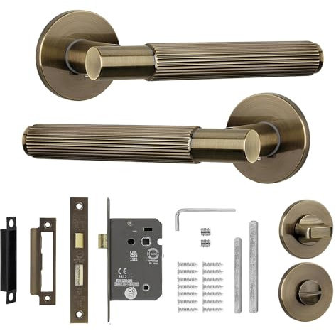 Decoranddecor Hera Antique Brass Internal Door Handles – Aluminium Handle Sets with Bathroom Lock and Turn Release – Elegant and Durable Design for Wooden Interior Doors in Homes and Offices