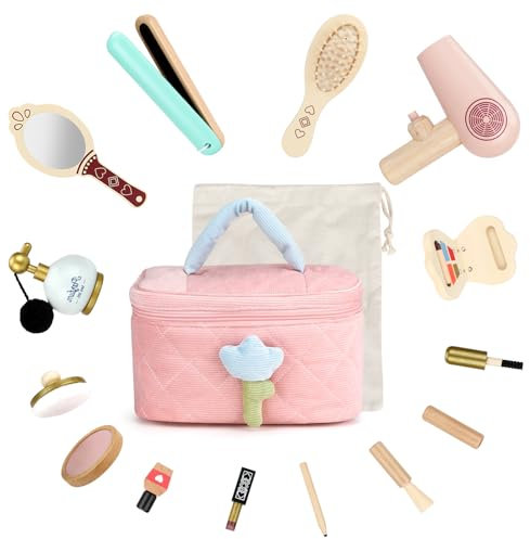 Holz Kinderschminke Set Schminke Spielset Schminkkoffer Schminktisch Holz Kinderschminke Spielzeug Mädchen Make-Up Friseur Rollenspiel Spielen Geschenk Für Mädchen Ab 3 4 5 6 7 Jahre