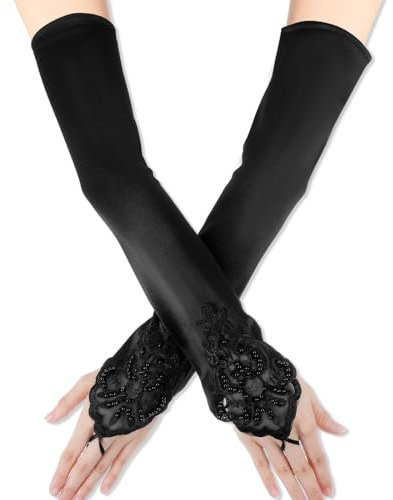 Lnngub 1 Paar Lange Handschuhe für Damen, 48 cm Lange Fingerlose Opernhandschuhe Vintage Spitzen Satin Handschuhe für Abendgarderobe, Rollenspiele, Maskerade, Party, Verabredung, Karneval