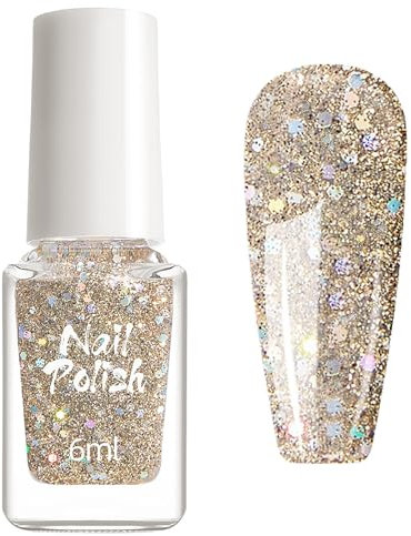 Nail Polish - Flashy Gold Glitter Nail Polish - Quick Dry, Long Lasting - Easy Application, No Baking Needed - For Women