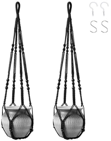 Macrame Plant Hanger, 2 Pack Indoor Outdoor Hanging Planter Flower Pot Basket Hanging Cotton Rope with Wood Beads, Handmade Plants Holder with 4 Hooks for Yard Garden Home Decoration, 90 cm (Black)