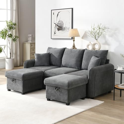Zepneiy Canapé d'angle Multifonctionnel, canapé 3 Places en U, avec tiroirs de Rangement, et Repose-Pieds de Rangement, avec Fonction Couchage, modulable et Amovible, Tissu Chenille, Gris foncé