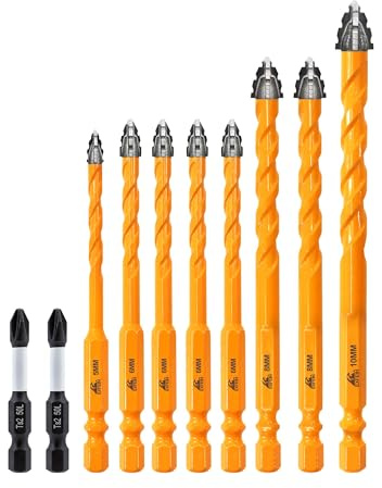 Upgraded Masonry Drill Bits Set 5+6x4+8x2+10mm, EXFEIN Serrated Drill Bits Set - 8-Piece Carbide Drill Bits and 2-Piece Magnetic Screwdriver Bits for Wood Plastic Tile Concrete Brick Marble