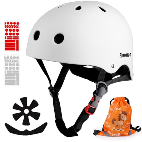 Plusawa Casque Enfant Certifié EN1078 CE,Casque de vélo pour Enfant, mentonnière réglable,Réfléchissant - Vélo, Roller, Patins - Inclut Autocollants 3D + Sac (Blanc, S)