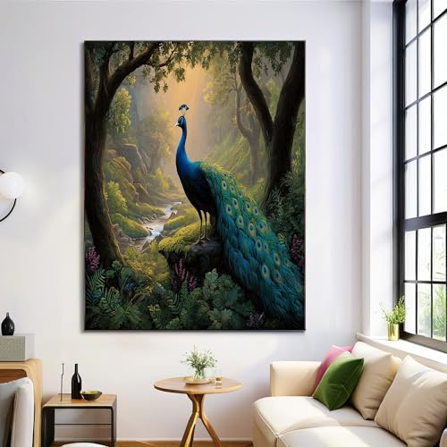 GDJSMIN Leinwand Bilder, Fantasy-Waldszene Wandbilder, Klassisch Wand Deko Wohnzimmer Schlafzimmer Badezimmer Küche, Zimmer Deko Aesthetic, Majestätischer Pfau, 40×60 cm