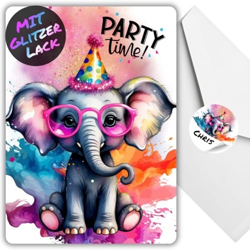 celebr8te 12x Party Elefant Glitzer Einladungskarten - Teenager Kindergeburtstag Jungen & Mädchen - coole Tier Geburtstagseinladungen +12 Umschläge +12 Sticker