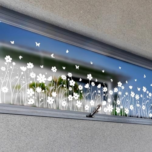 WandSticker4U®- Fenstersticker BLUMENWIESE weiß (88x25 cm) I Fensterbilder Frühling selbstklebend Blumen Pflanzen I Fensteraufkleber Fensterdeko Blumen Frühlingsdeko Fenster wiederverwendbar GROß