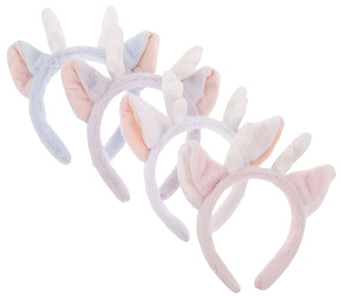 WOONEKY Lot de 4 Serrage-Têtes à Bois de Renne en Peluche Douce Bandeaux Spa Animaux en Blanc Bleu Rose Violet Accessoires pour Déguisement Maquillage et Fêtes de Noël