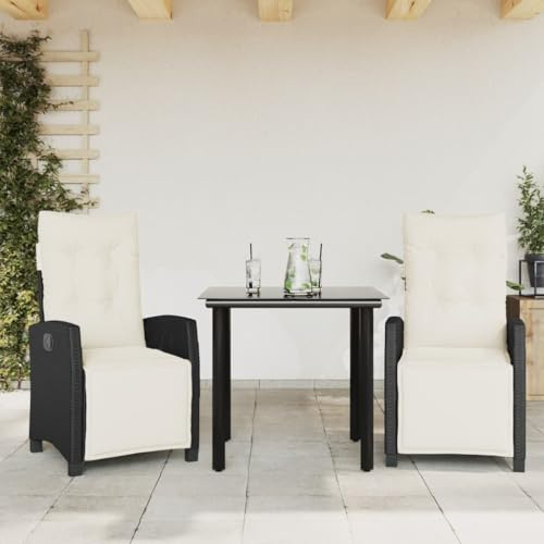 Runheo 3-TLG. Garten-Essgruppe, Schwarz Poly Rattan, verstellbare Stühle, Glastisch 80x80cm, UV-beständig, mit Cremeweißen Kissen für Terrasse, Balkon