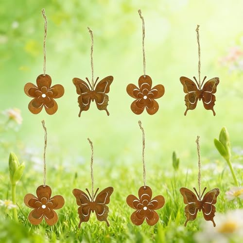 8 Stück Vintage Metallblume Hängedeko Rost frühlingsdeko zum aufhängen, Schmetterling deko ast zum aufhängen, Deko Frühling für Raum Fenster garten und Tisch.